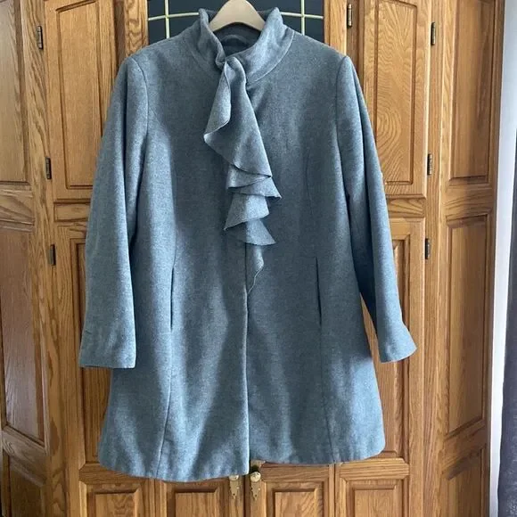 T Tahari Plus Size Kate Fall Winter Wool Cashmere Grey Coat with ruffles - Picture 1 of 12